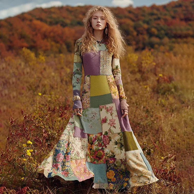 Women's Retro Floral Patchwork Art Cozy Knit Maxi Sweater Dress