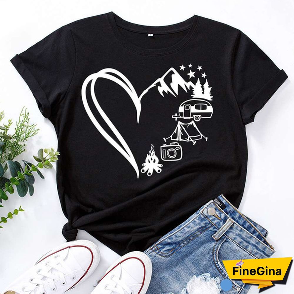 Hot Camping Heart Printed T-Shirts For Women Summer Short Sleeve Tee Shirts Round Neck Casual Summer Ladies Tops
