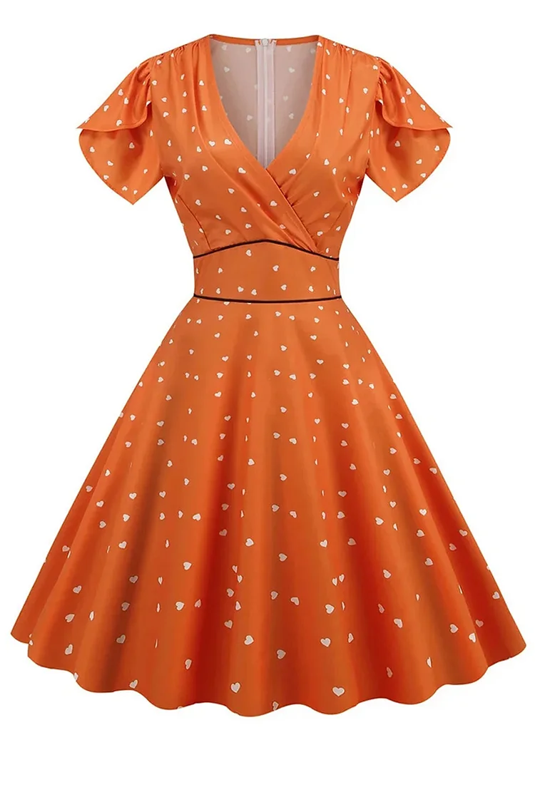 1950s Retro Summer Petal Sleeve V Neck Printed Swing Midi Dresses