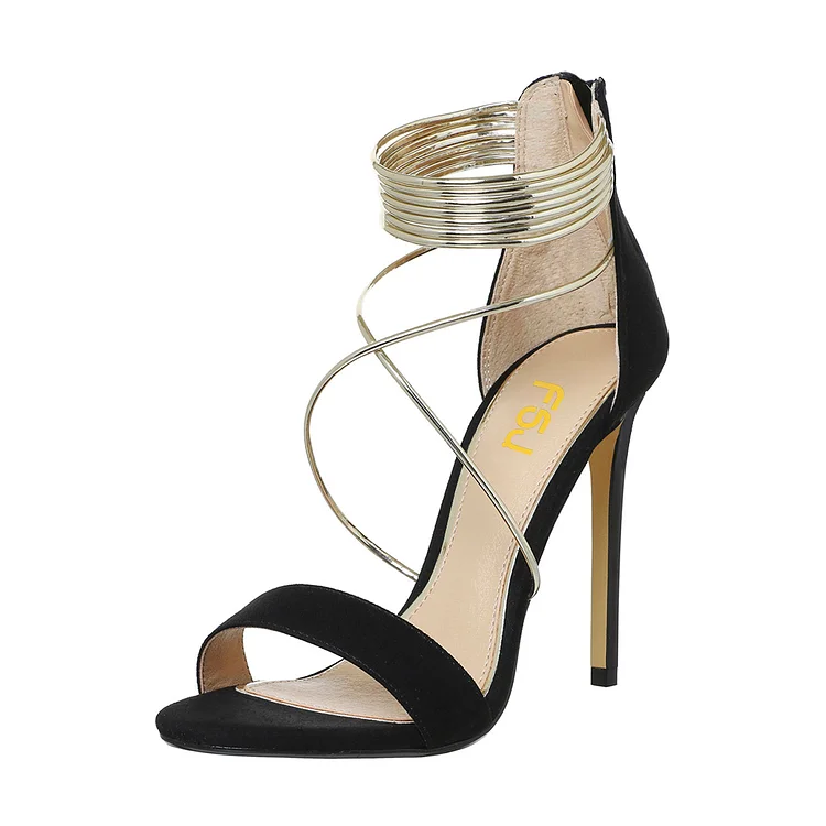 Women's Black Stiletto Heel Cross Over Ankle Strap Sandals |FSJ Shoes
