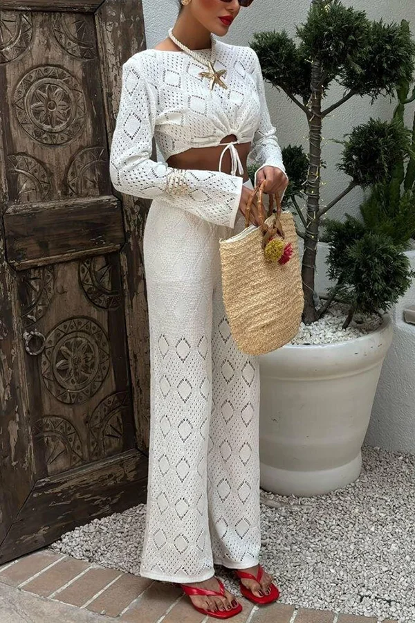 Solid Color Hollow Short Long-sleeved Top and Casual Stretch Wide-leg Pants Knitted Set