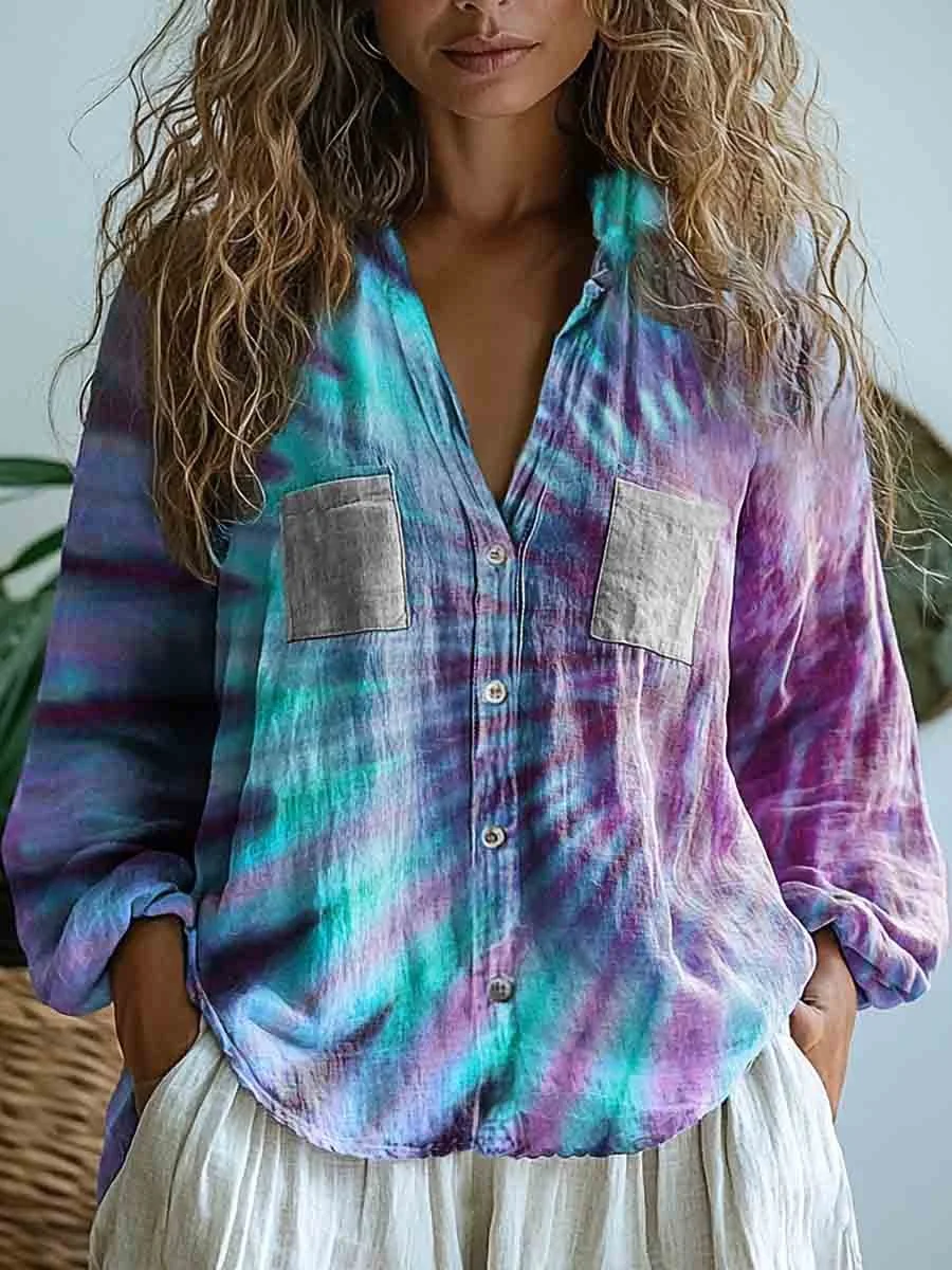 Women's Tie Dye Art Print Casual Long Sleeve Comfortable Cotton Shirt