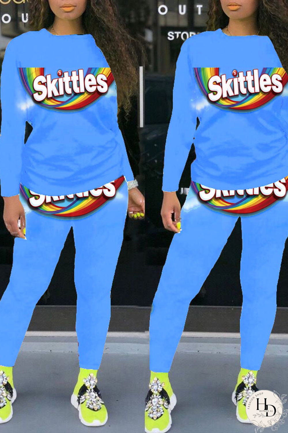 Colour Street Letter Print Patchwork O Neck Long Sleeve Two Pieces