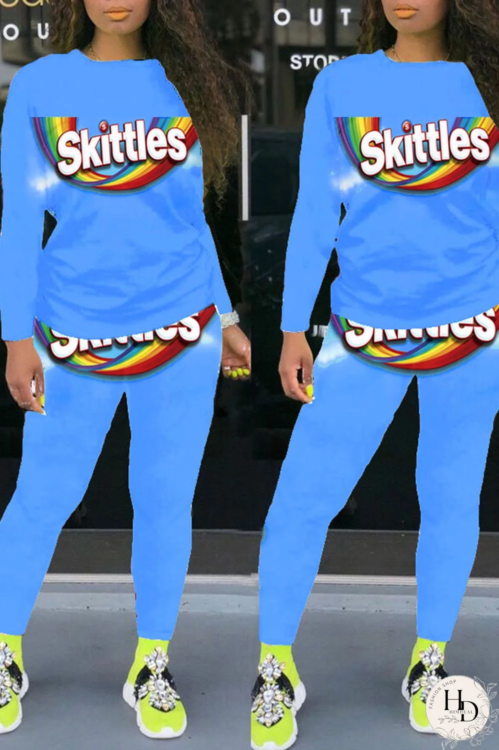 Colour Street Letter Print Patchwork O Neck Long Sleeve Two Pieces