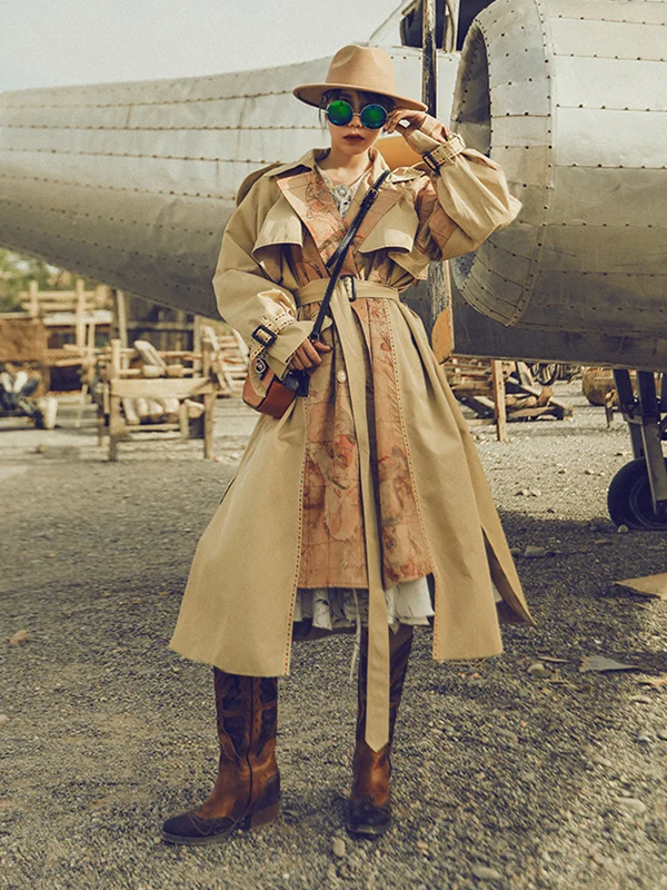 Casual Loose Lace-Up Patchwork Lapel Collar Coat
