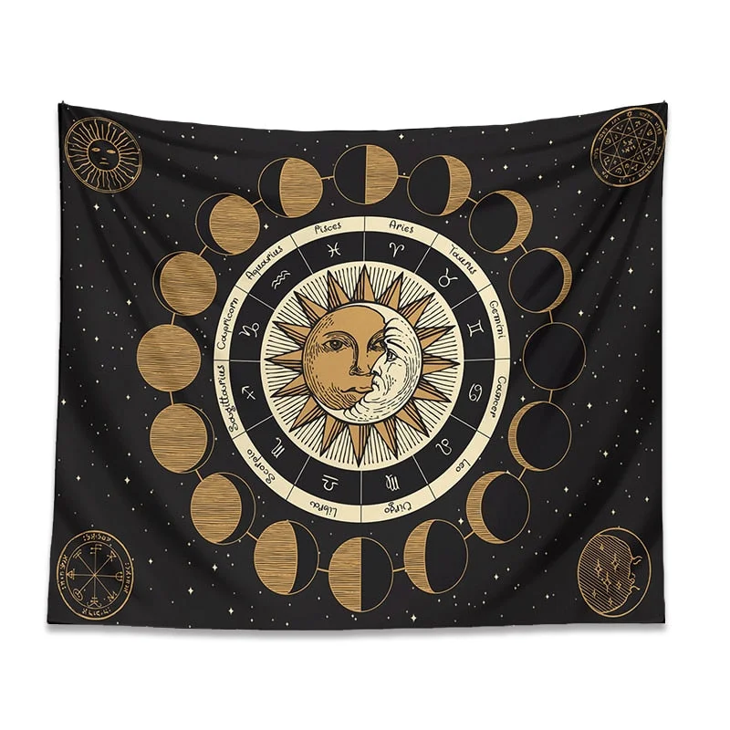 Tarot Moon Phase Tapestry Wall Hanging Wheel of the Zodiac Astrology Chart Sun and Moon Starry Sky divination Home Decor