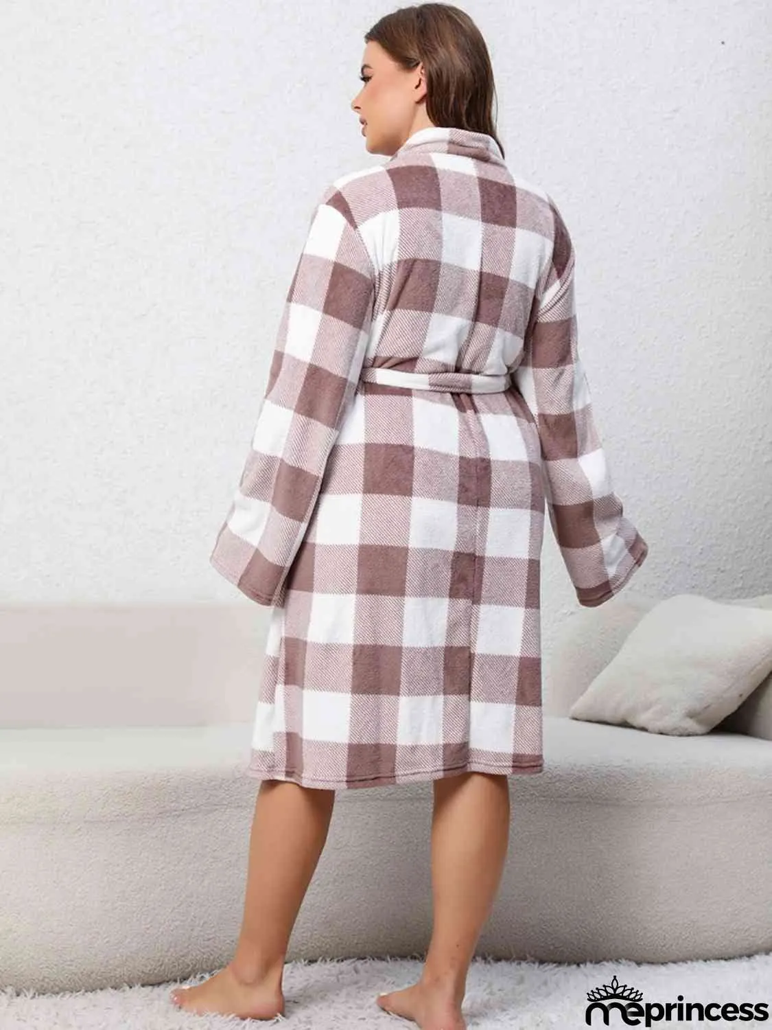 Plus Size Plaid Tie Front Robe with Pockets