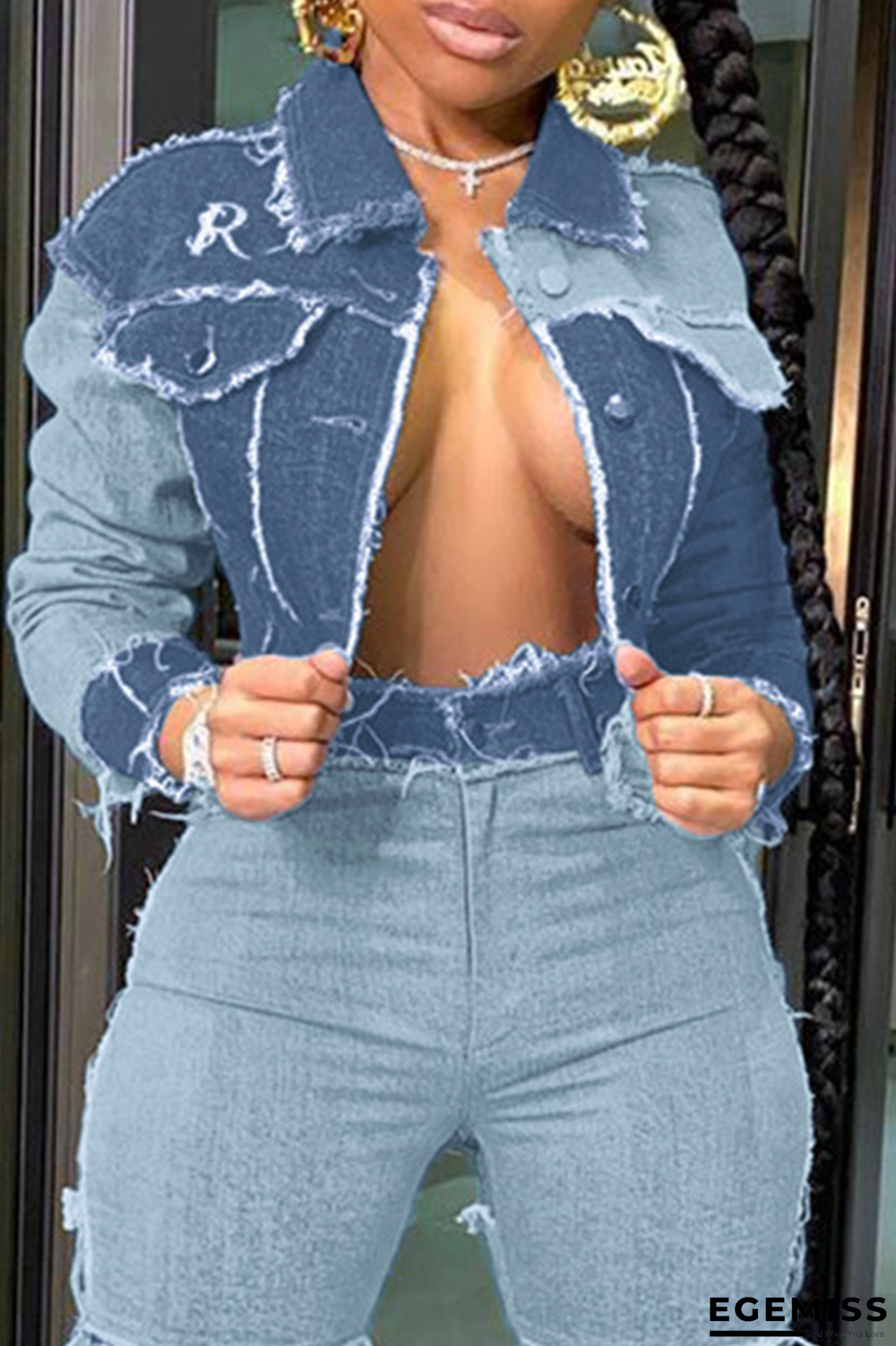 Baby Blue Casual Solid Patchwork Turndown Collar Long Sleeve Regular Denim Jacket | EGEMISS