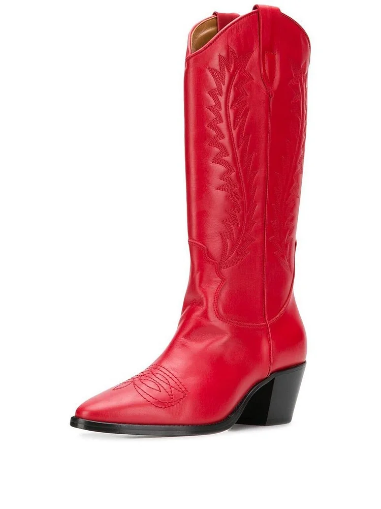 Red Cowgirl Boots Block Heel Knee High Boots |FSJ Shoes