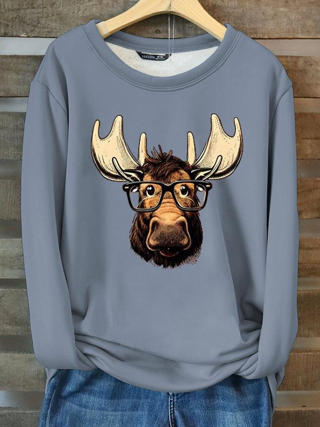 Cute Moose Print Casual Crew Neck Cattle Sweatshirt socialshop