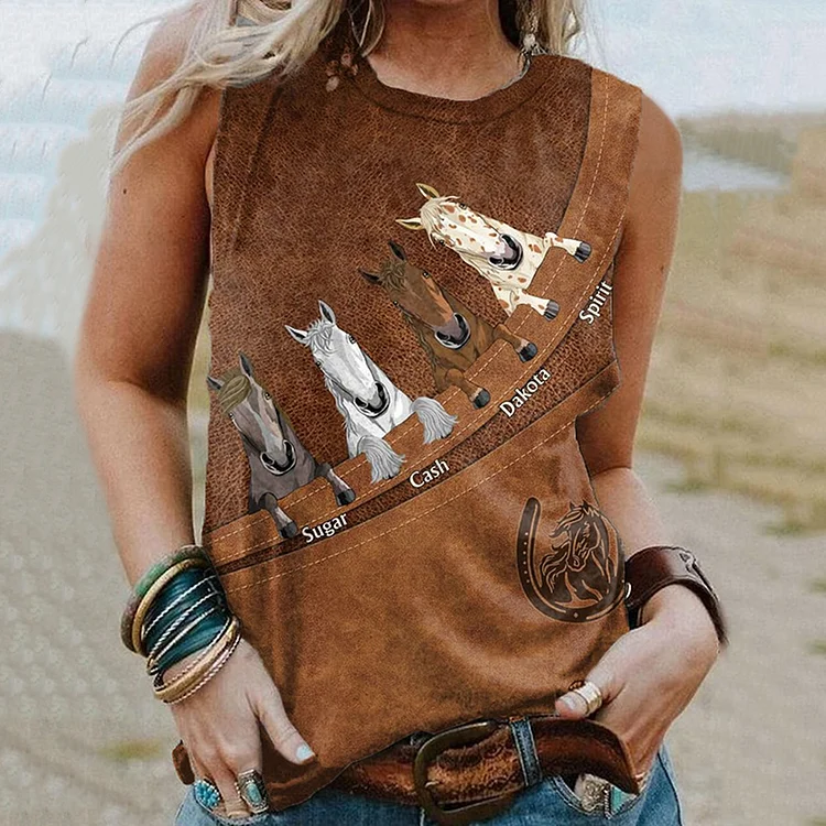 Women's Retro Horse Print Horse Lovers Casual Tank Top