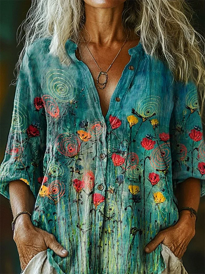 Women's Floral Art Print V-Neck Casual Shirt