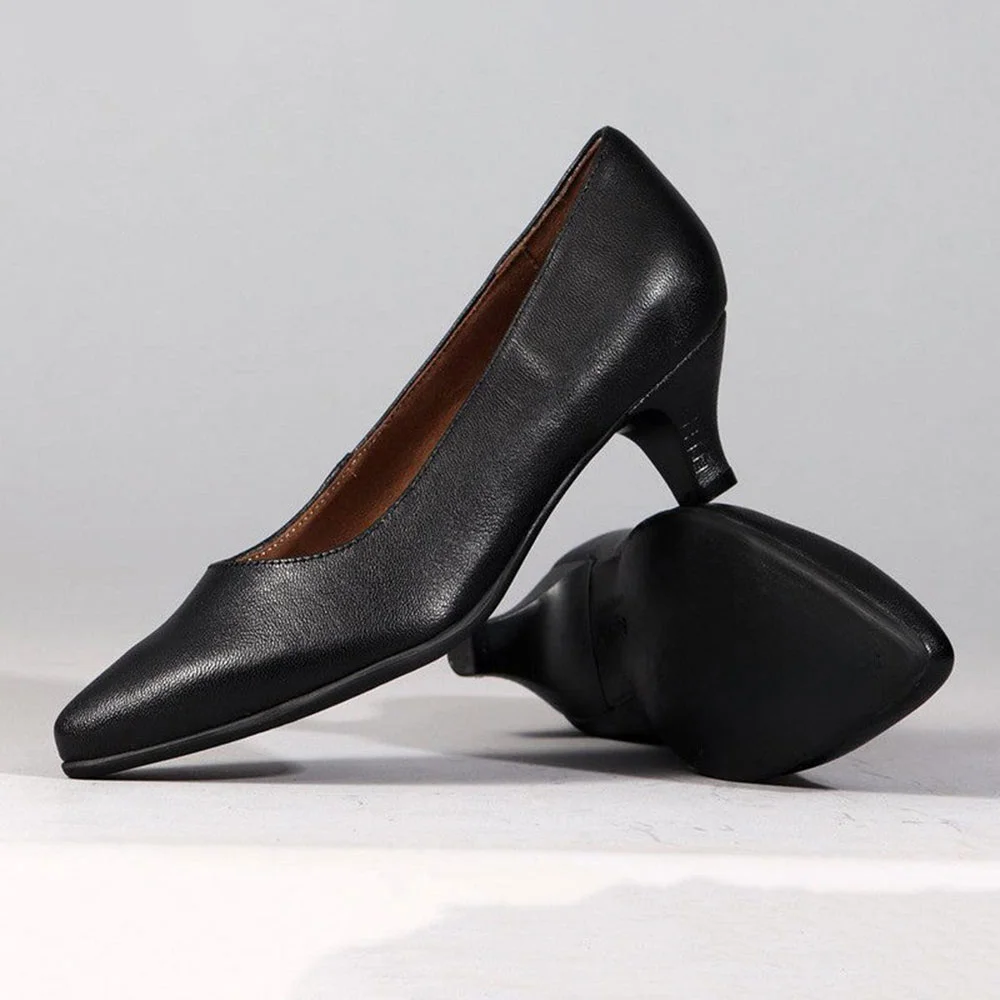 Women's Black Vegan Leather Pointed Toe Simple Low Heel Pumps