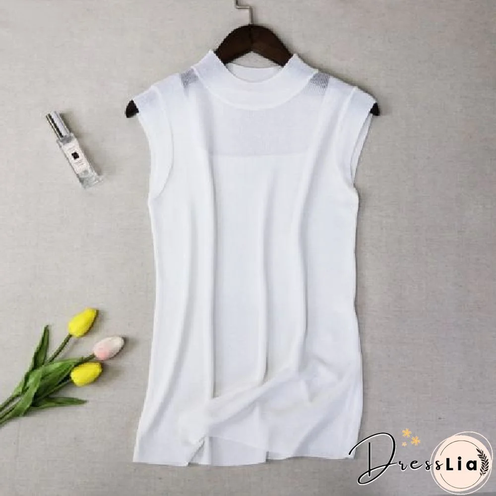 Hollow Out Sleeveless Women Knitted T Shirts Turtleneck Black Lace Sexy Lady Vest T Shirts Pink Loose Summer Thin Knit Tops