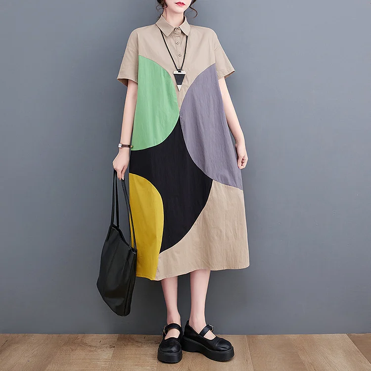 Classic Color Blocking Lapel Short Sleeve Midi Dress