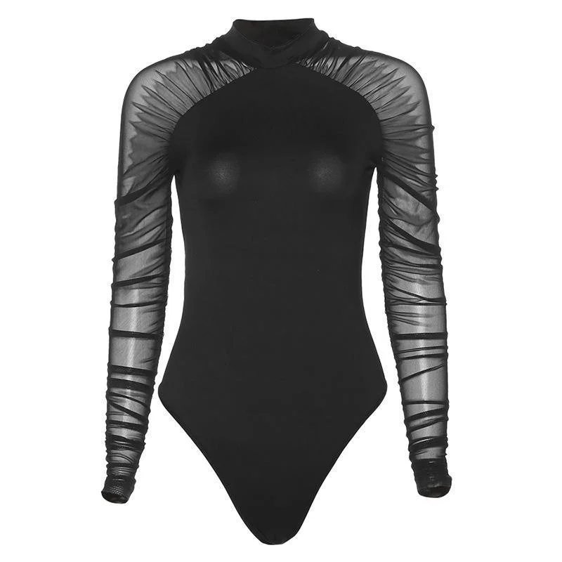 Brownm Brownm High Round Collar Mesh Stitching Long Sleeve Slim Solid Color Joined Female Support Board Processing