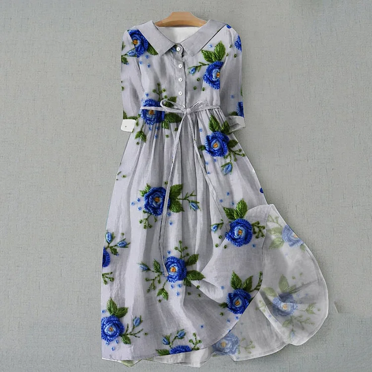 VChics Vintage Elegant Botanical Floral Design Print Lace-up Casual Midi Dress