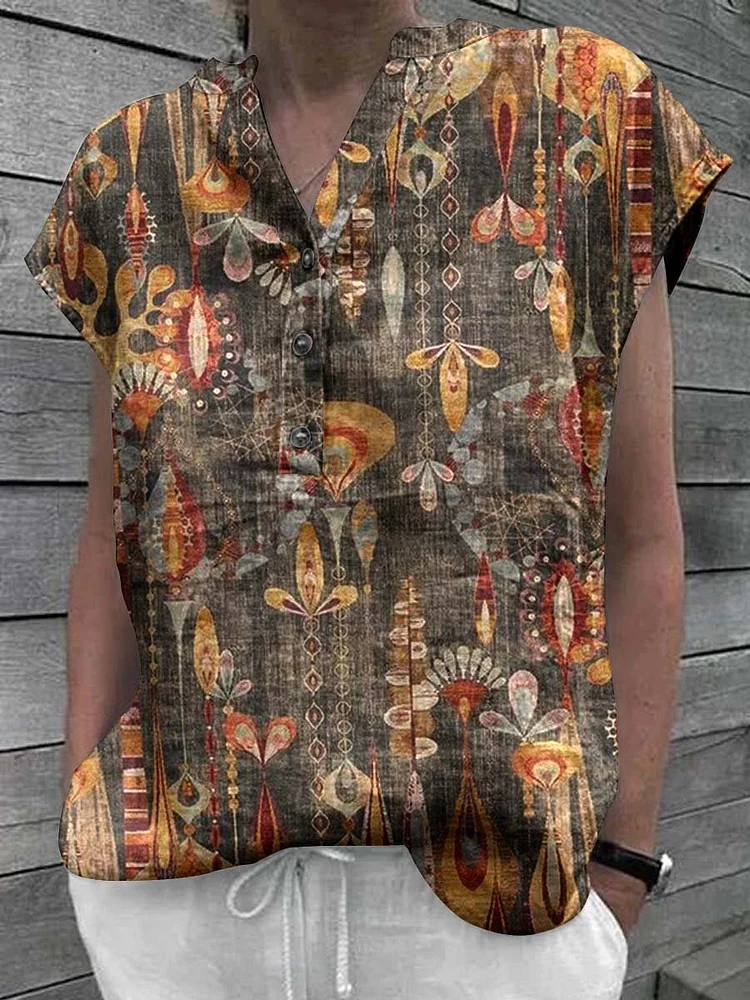 Women's Classic Kantha Vintage Floral Pattern Cotton and Linen Top