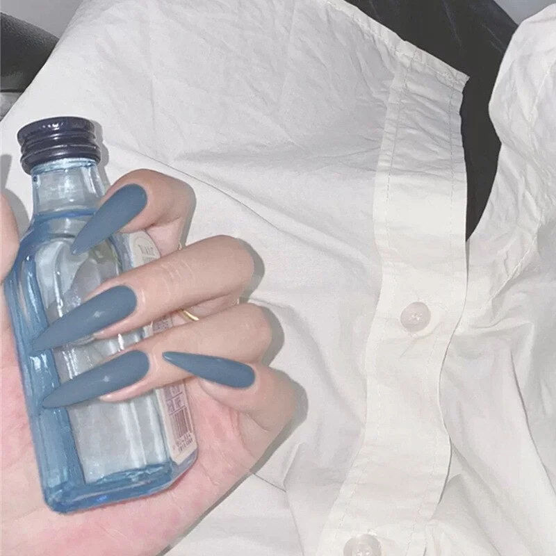 24pcs/box Long Trapezoid Drop Shaped False Nails With Glue Pure Color Elegant Nail Art Wearable Fake Nails With Wearing Tools-Nail Inspo