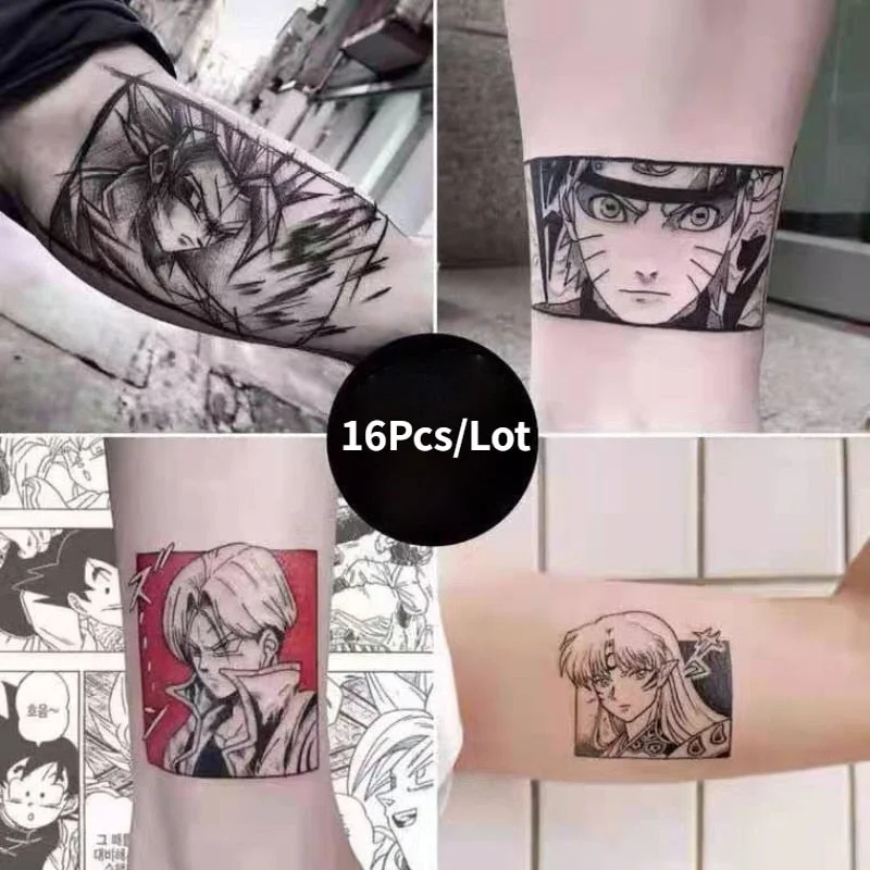 16Pcs Waterproof Temporary Tattoo Sticker Anime Cartoon Boy Girl Cute Tatto Flash Tatoo Fake Tattoos Naruto Stickers Men Women