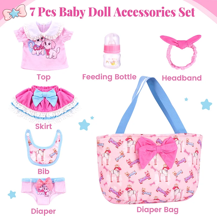 For 12"-16" Baby Dolls Puppy Diaper Bag 7-pcs Set Accessories