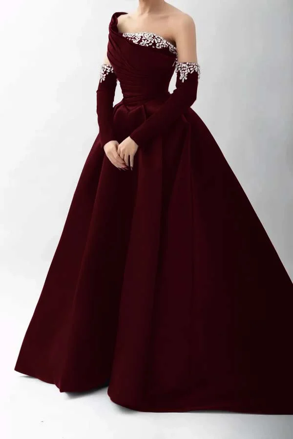 Black Beaded One-Shoulder Long Prom Dress With Rhinestones Sleeves ZT0474