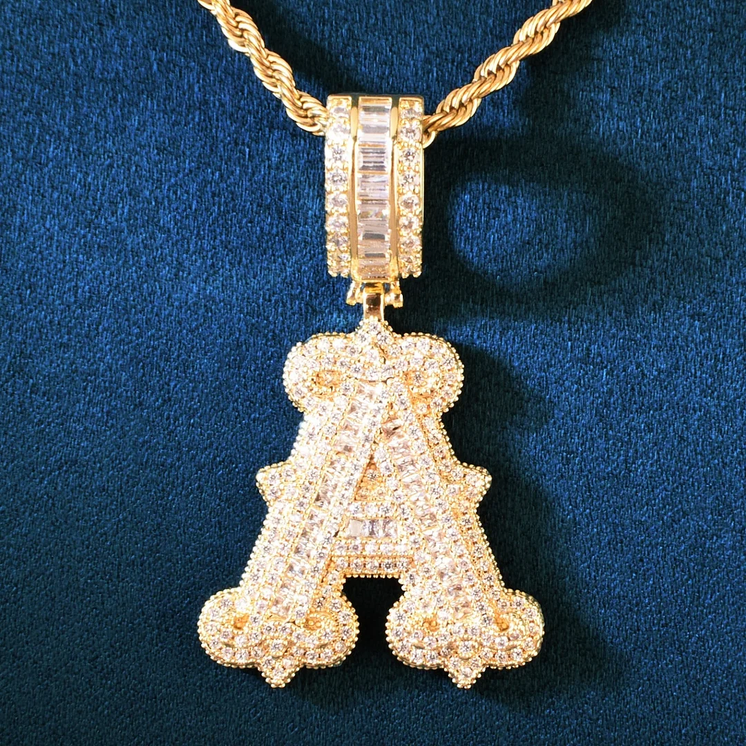 Iced Out Cursive Initial Letter Pendant Necklace Hip Hop Jewelry-VESSFUL