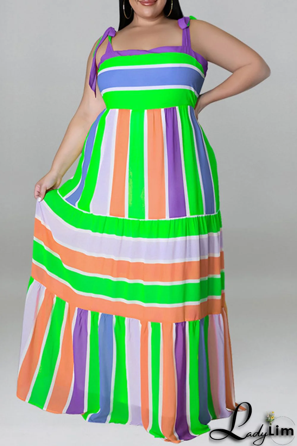 Light Green Fashion Casual Plus Size Print Bandage Backless Spaghetti Strap Long Dress