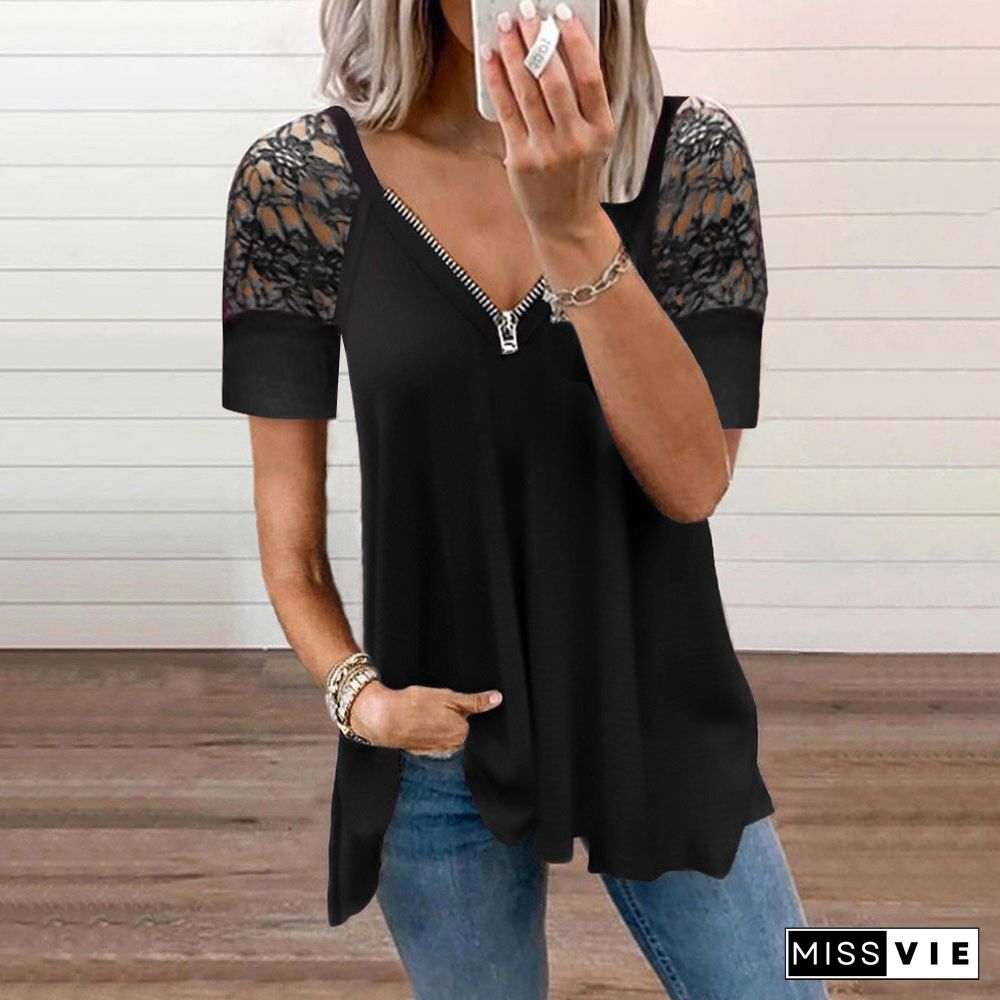 Women Tank Top Solid Zipper Necks Female Camisoles Lace Short Sleeves Pleated Shirts