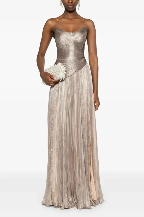 blue dress for baby girl Strapless Metallic Pleated Long Prom Dress with Slit – DressesTailor