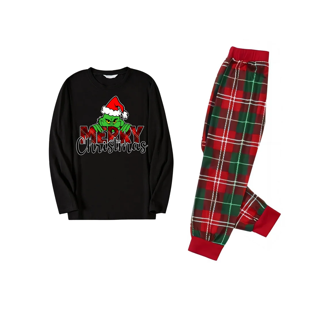 Merry Chirstmas Text and Green Cartoon Pattern Red and Green Plaid Family Matching Pajamas