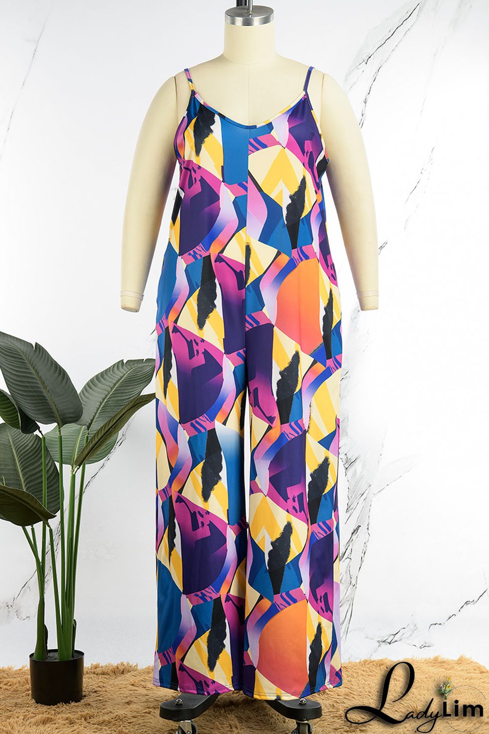 Black White Casual Street Print Spaghetti Strap Loose Jumpsuits