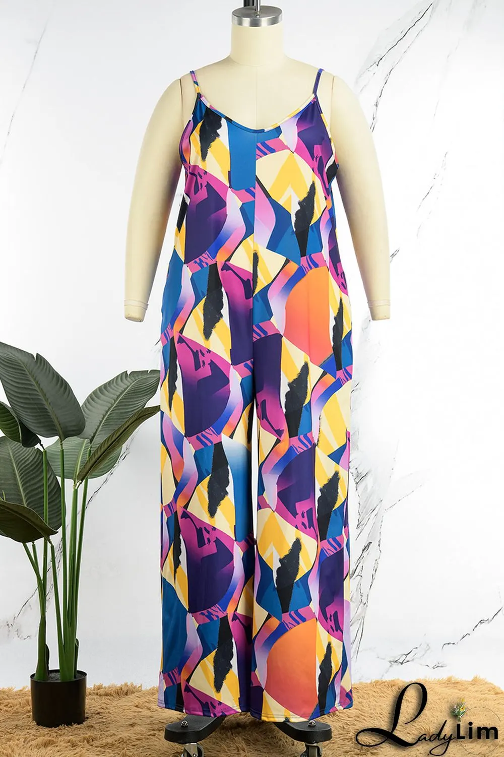 Black White Casual Street Print Spaghetti Strap Loose Jumpsuits