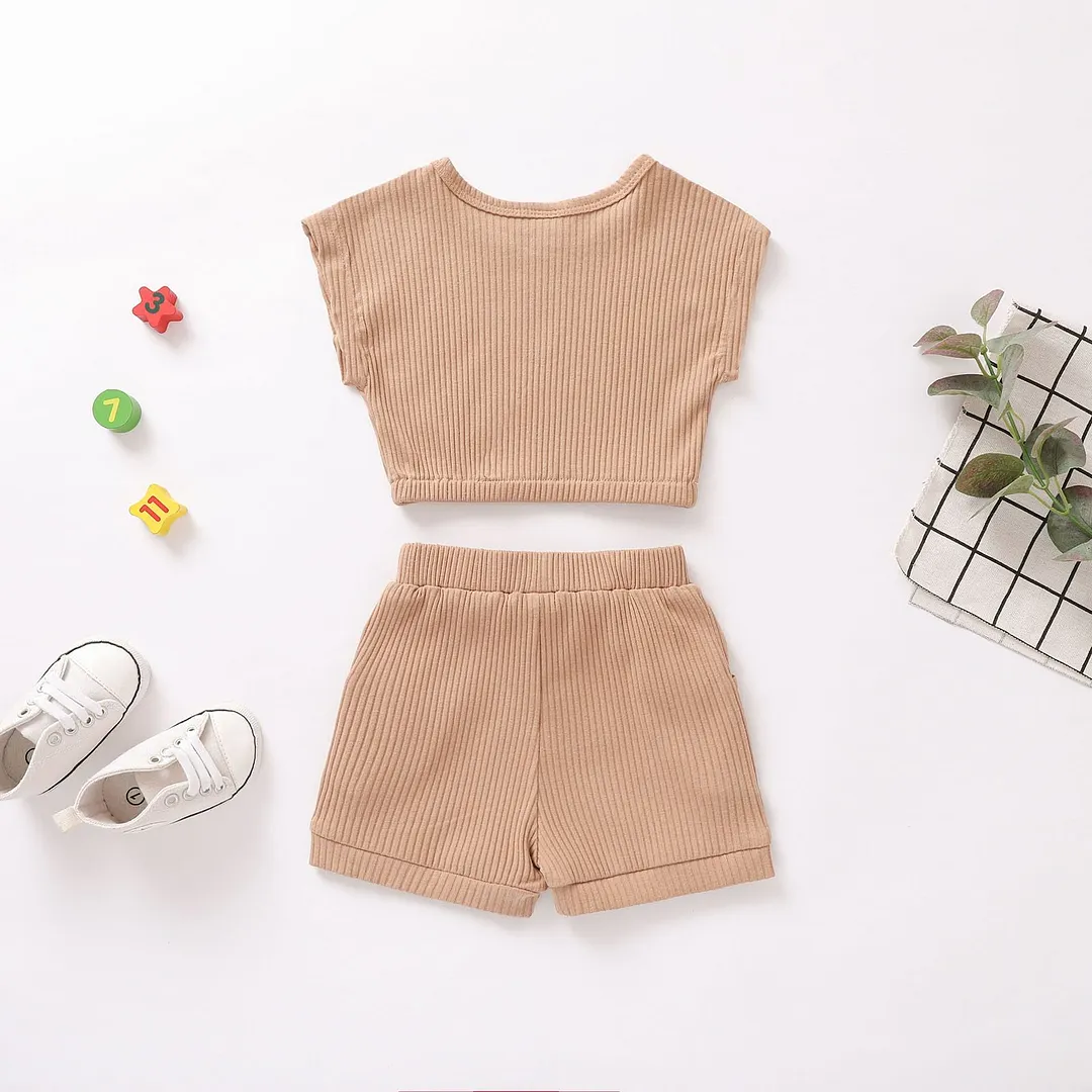 Kids Baby 2-piece Summer Ribbed Outfit Set Solid Color Top and Pocket Shorts Set for Children Boys Girls 6M-3T