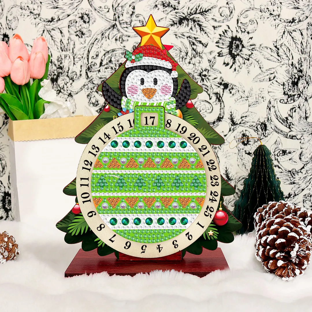 Penguin DIY Christmas Countdown Diamond Painting Tabletop Ornaments Kit 25 Days Crystal Art Craft Decoration Wooden for Living Room Home Office Decoration