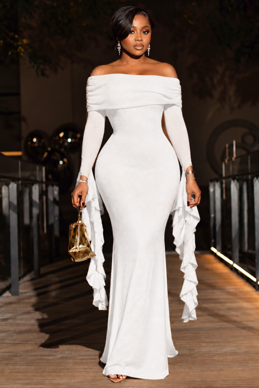 Off Shoulder Ruffled Long Sleeve Slim Fit Maxi Dresses-White [Pre Order]