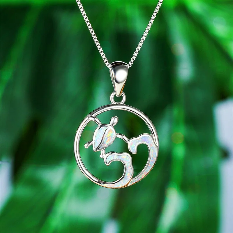 Charm Female Blue White Pendant Necklace Rose Gold Silver Color Chain Necklaces For Women Cute Wave Turtle Opal Wedding Necklace