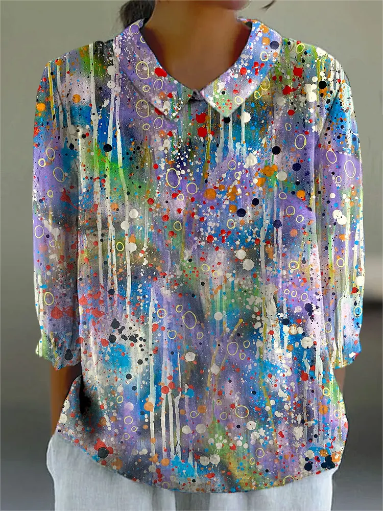 Women's Colorful Abstract Spot Art Print Casual Cotton And Linen 3/4 Sleeve Shirt