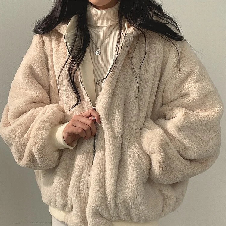 Casual Loose Reversible Faux Fur Hoodie Zip-up Long Sleeve Jacket