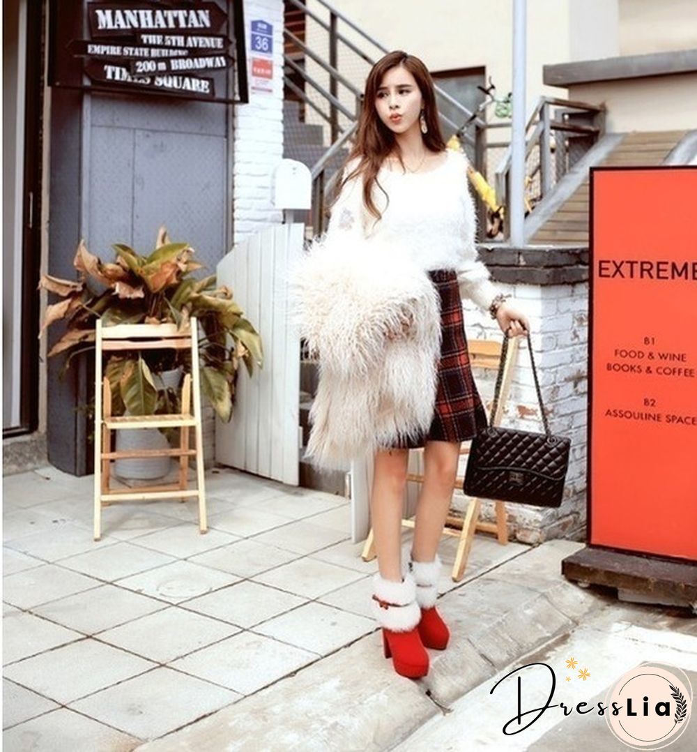 Brand New Women Winter Boots High-heeled Ankle Boots Suede Fur Booties For Casual/Party/Christmas Dress Black Red Colors