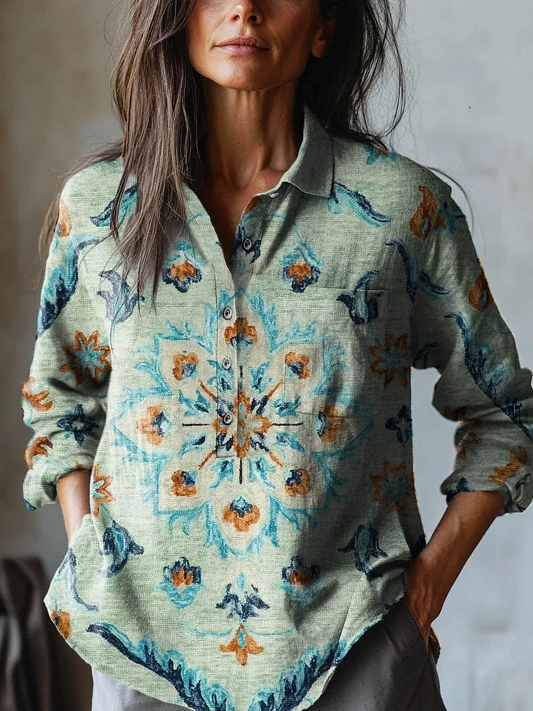 Women's Vintage Lovely Floral Art Print Casual Cotton And Linen Shirt