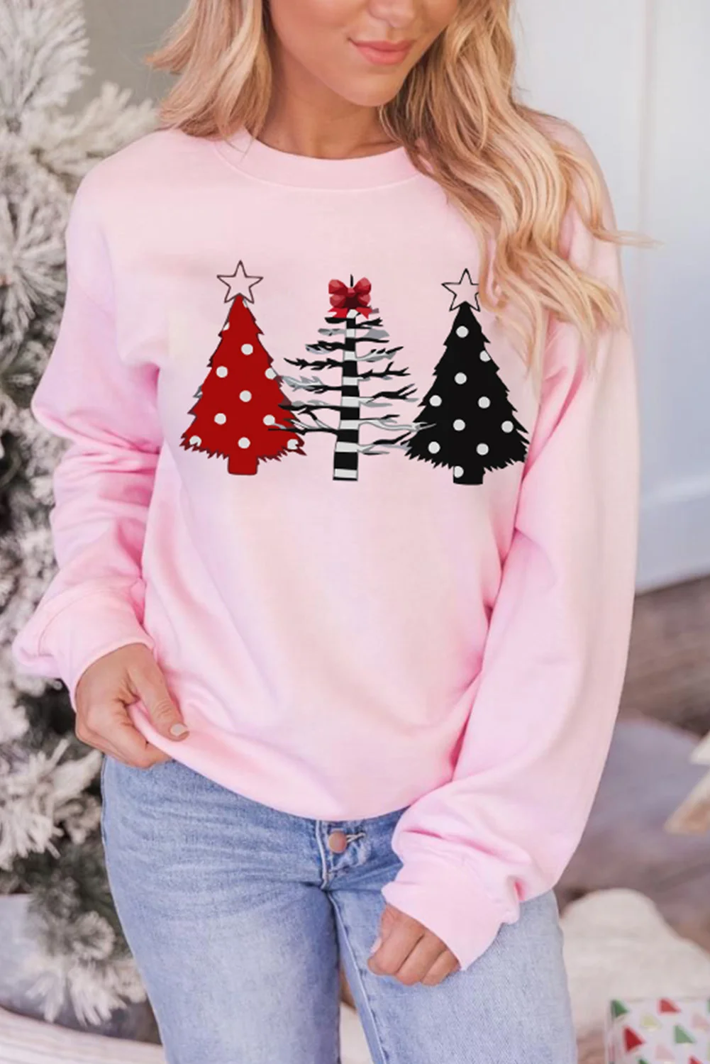 Pink Christmas Tree Graphic Print Pullover Sweatshirt | IFYHOME