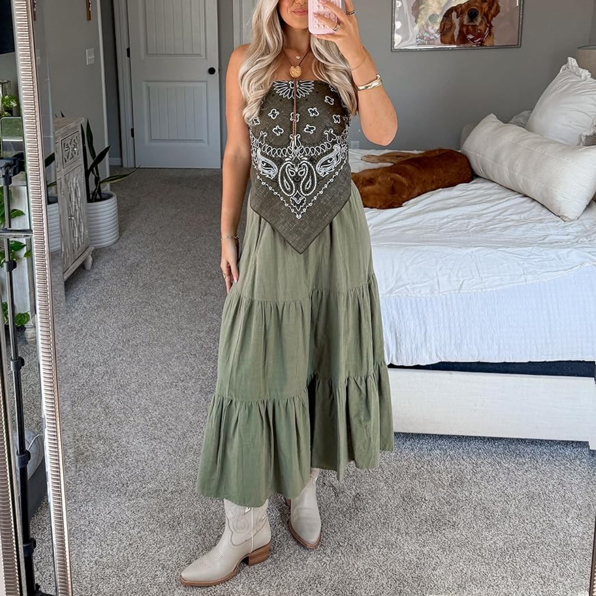 Olive Green Tiered Maxi Dress With Bandana Top