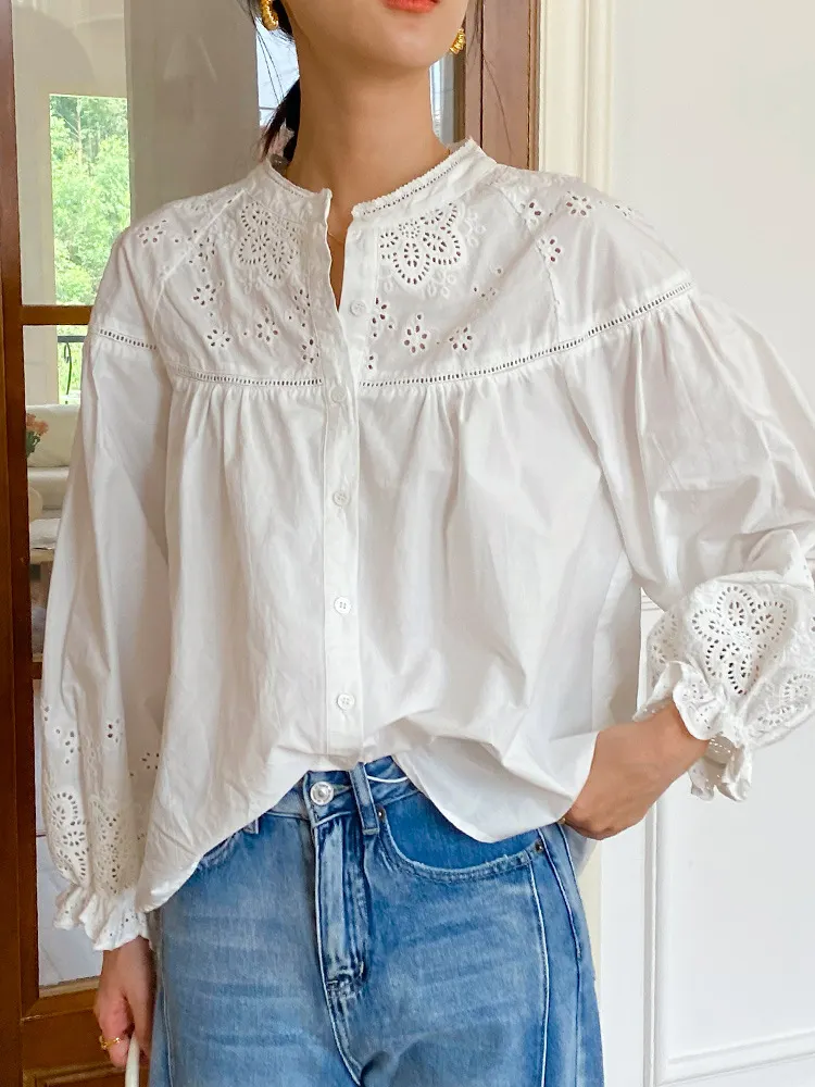 Uveng Uveng 2025 New Style French Embroidered White Shirt Female Long Sleeve Temperament Commuting Southern Oil Women Shirt Women