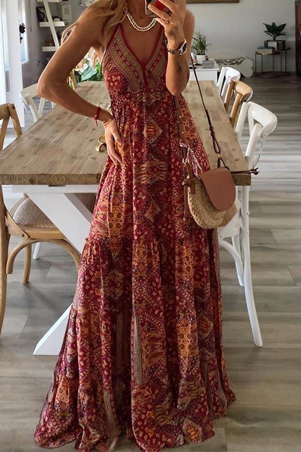 Womens Bohemian Holiday Printed Dress-Allyzone-Allyzone