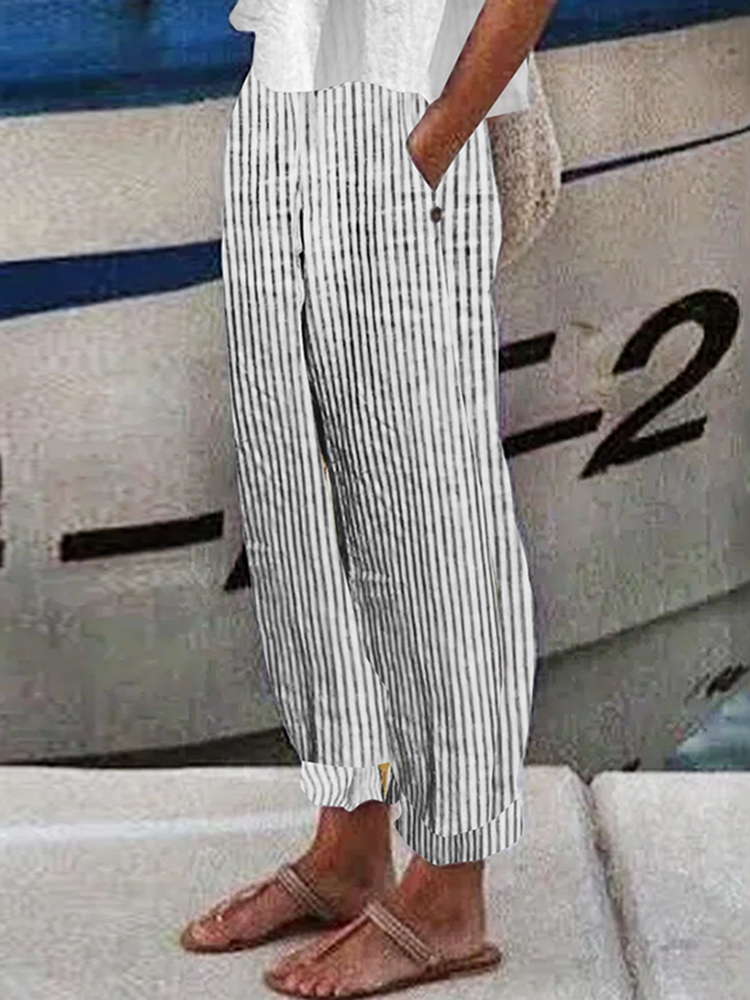 Comstylish Vintage Cotton And Linen Striped Linen Loose Cozy Pants