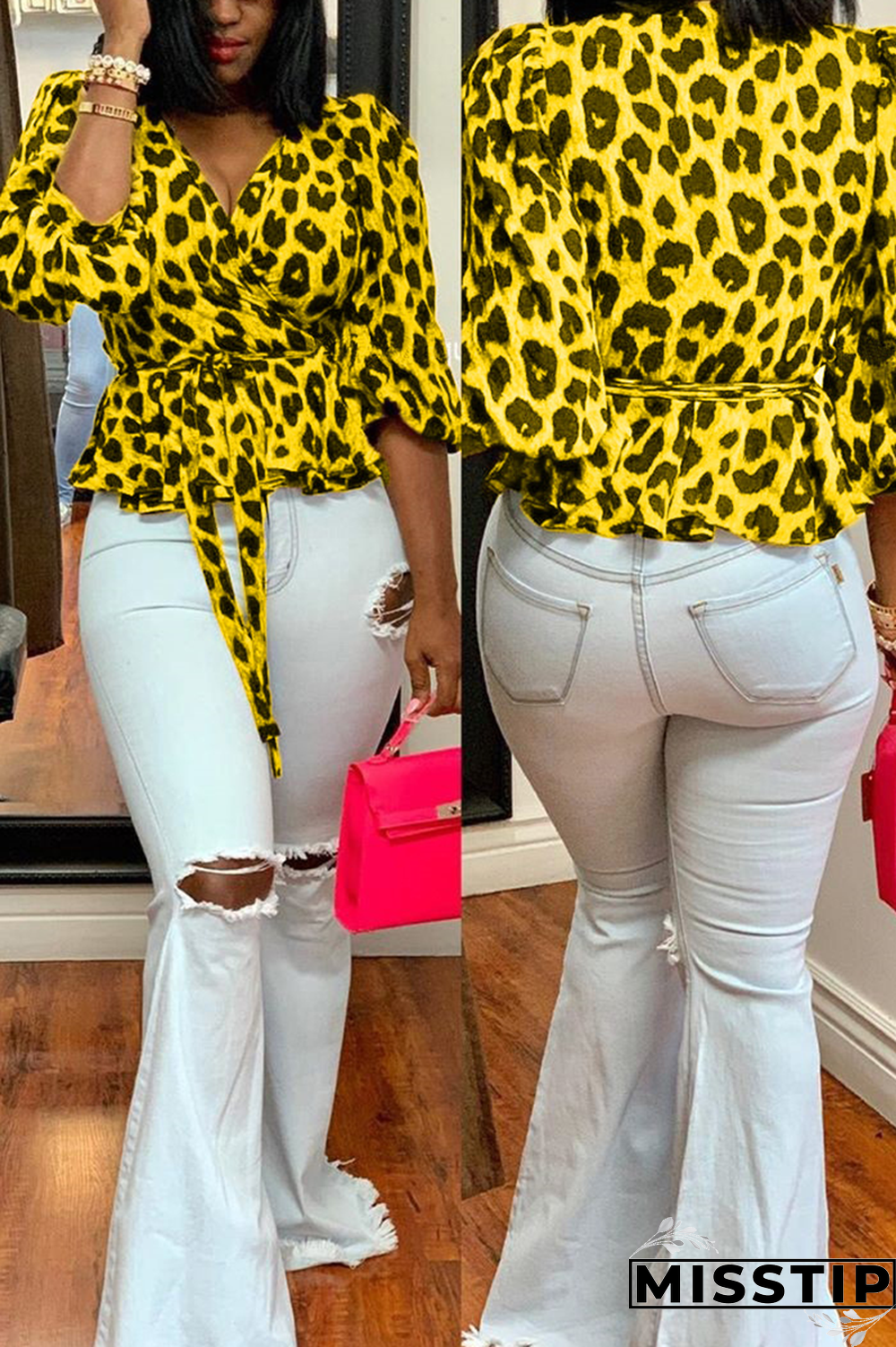 Grey Street Leopard Bandage V Neck Tops