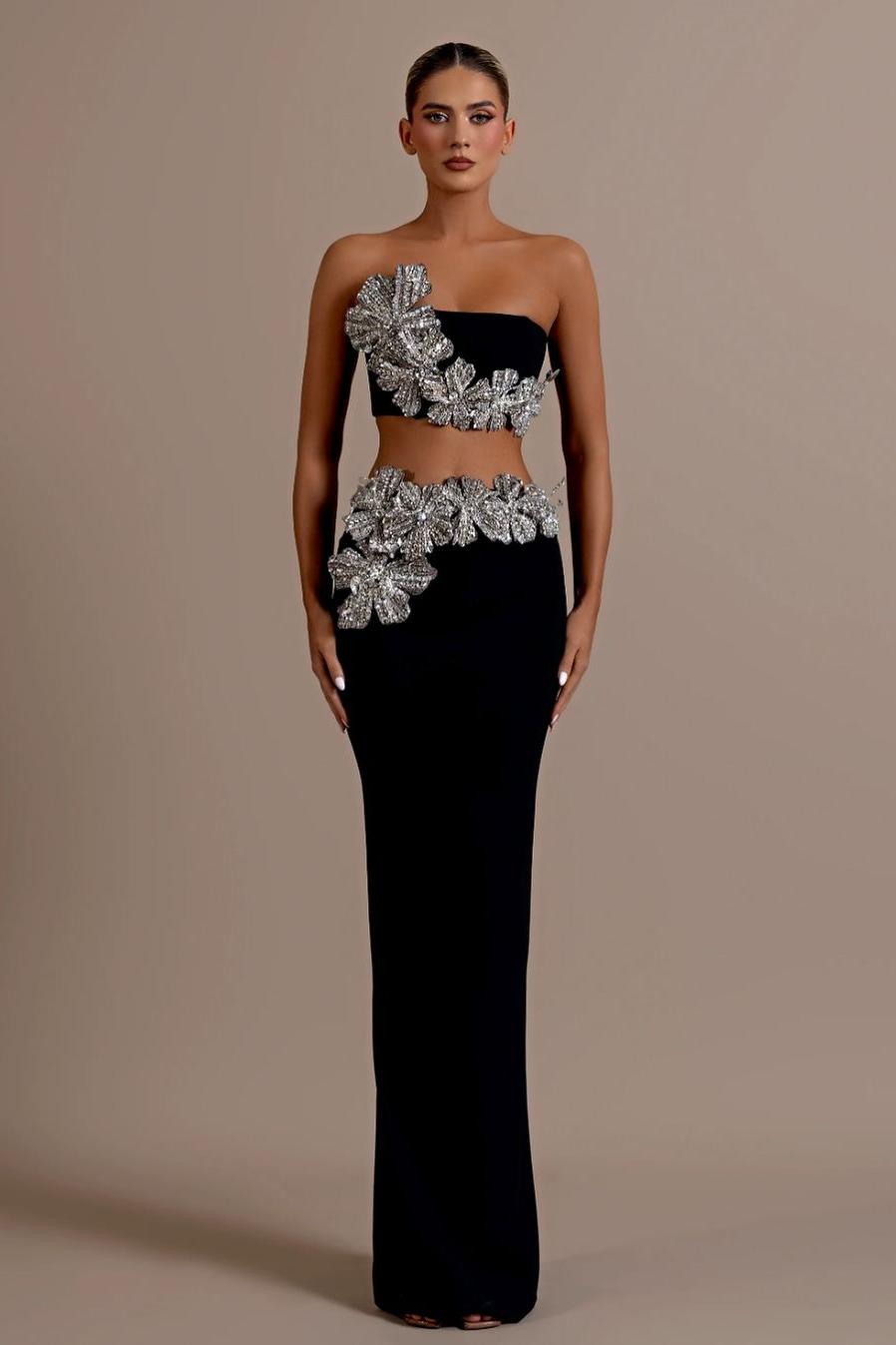 Lisliy Exquisite Black Velvet Strapless Sleeveless Slim Prom Dress with Rhinestone