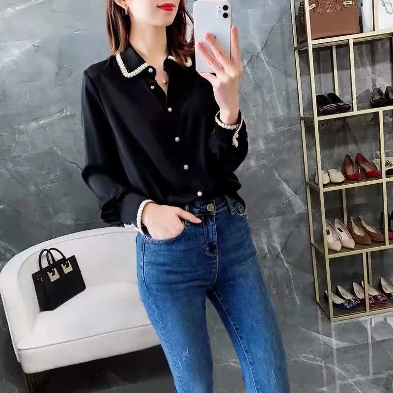 Jangj Autumn New Fashion Solid Color Solid Chiffon Shirts Long Sleeves Turn-down Collar Casual Blouse Korean Elegant OL Shirts