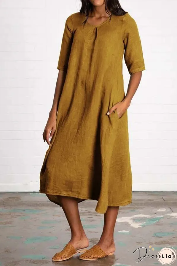 Round Neck Half Sleeve Long Solid Color Casual Cotton Linen Dress